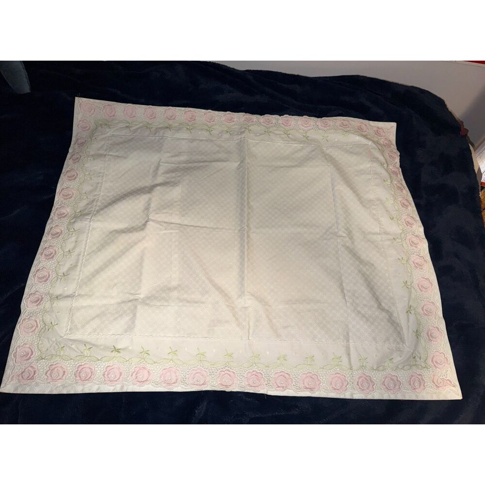 Vintage White Pink Rose Embroidered Floral Pillow Sham Cottagecore